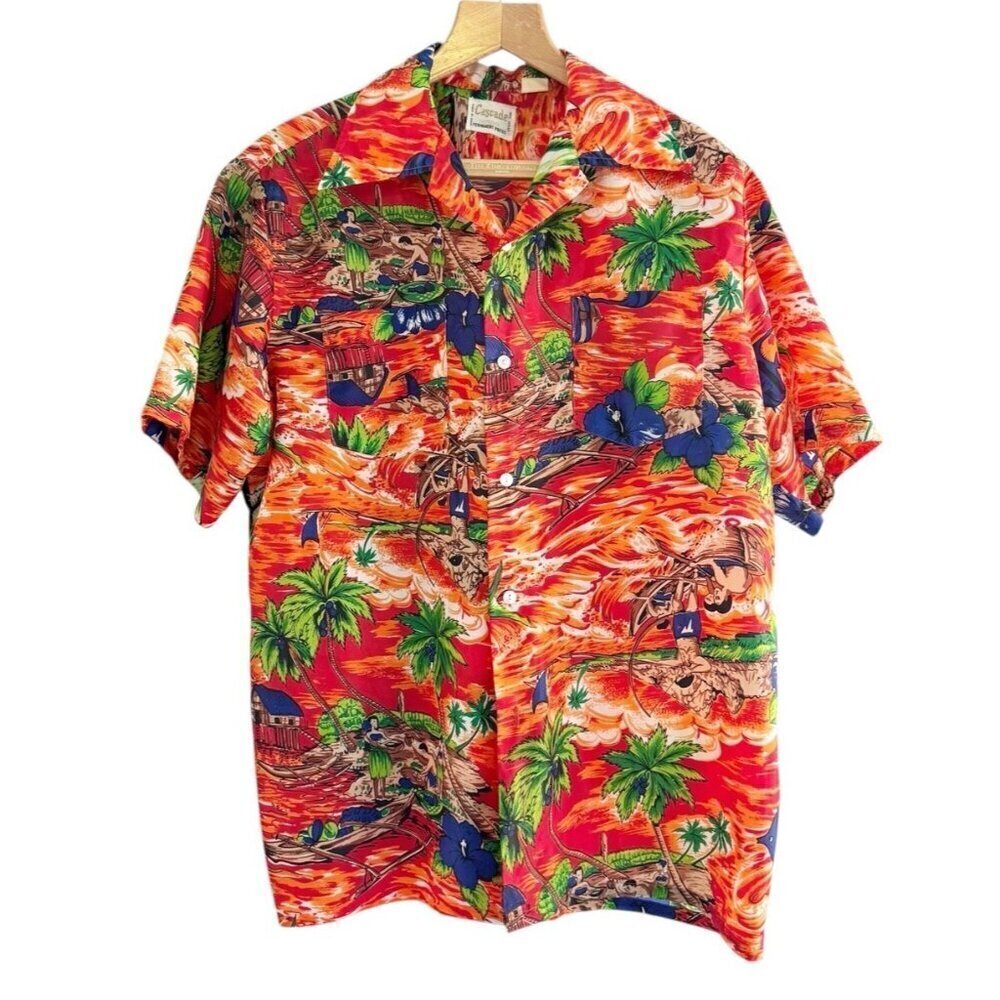 Vtg 70s Cascade Men's Sz L Orange Tropcial Hawaiian Hula Girl Fish Print Shirt